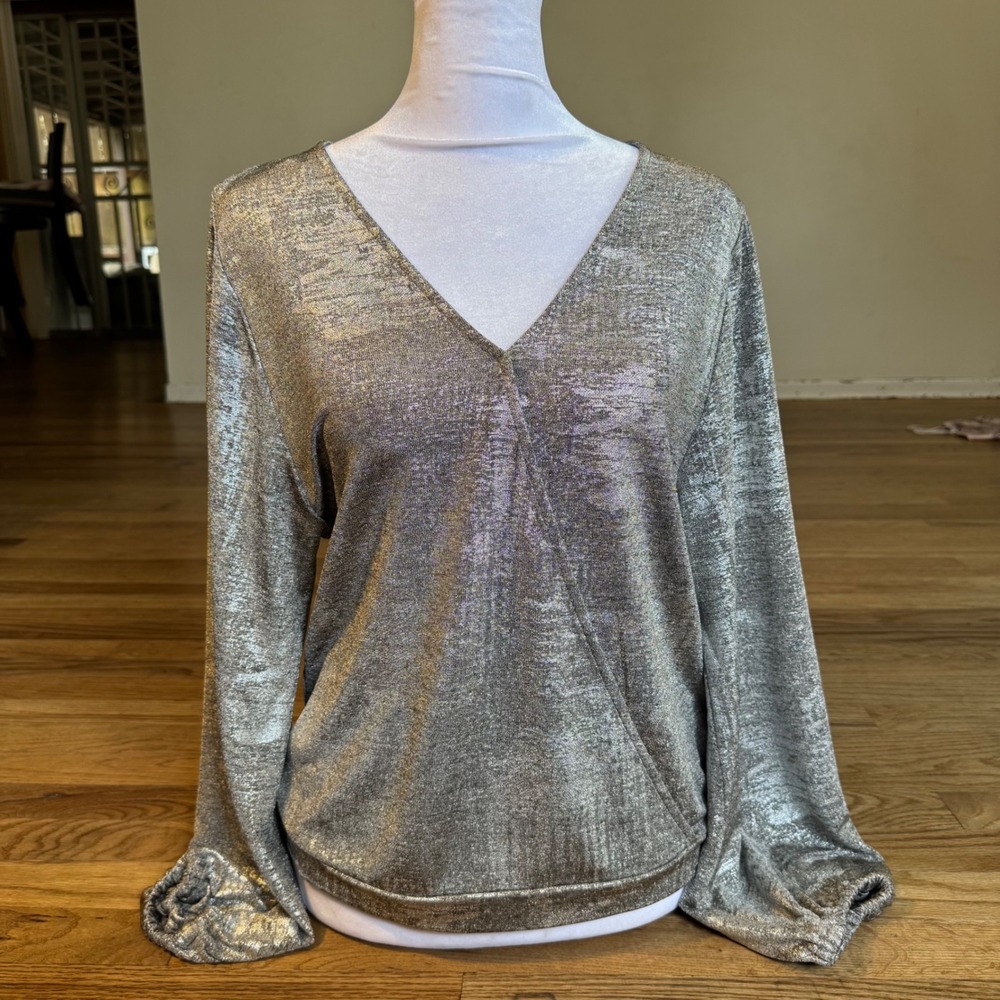 Anthropologie Metallic Silver Gold Shimmer Wrap Top Long Balloon Sleeve XS